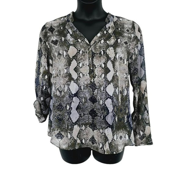 ANA A New Approach Popover Blouse L Blue Green Snake Print Semi Sheer Tab Sleeve - Picture 13 of 13